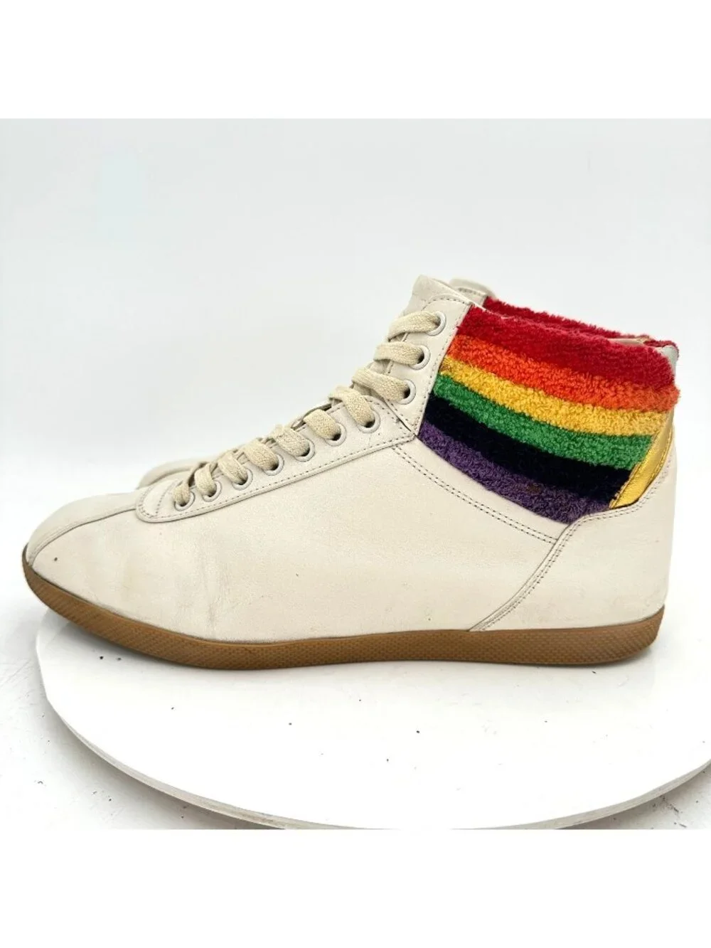 Gucci Men Sz UK 9.5D US 10 White Leather Lace Up Rainbow Heel Collar Mid Shoes